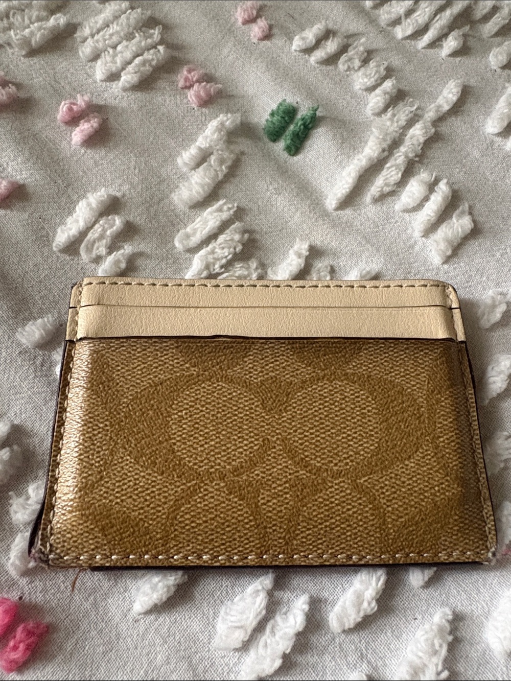Coach Tan Canvas Card Holder with Cream Leather Trim
